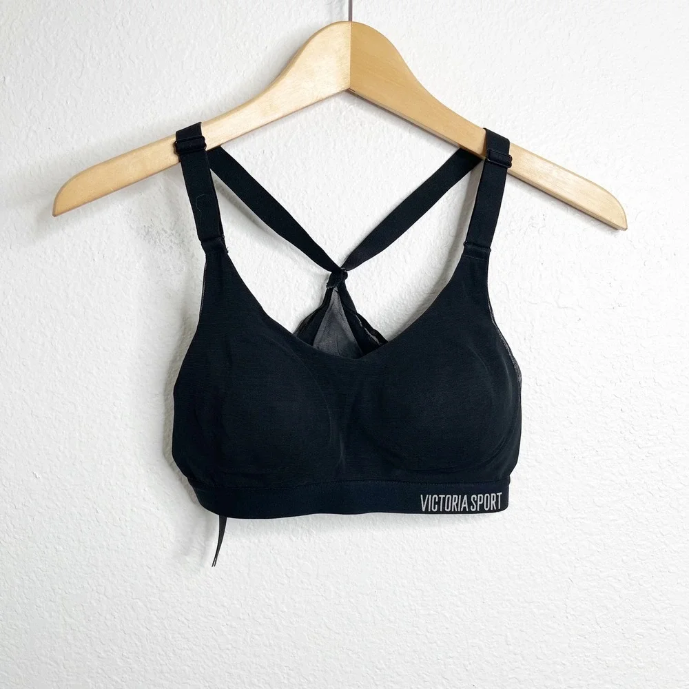 Victoria Sport Lightweight Sports Bra Black Mesh Racerback 32B Adjustable Straps